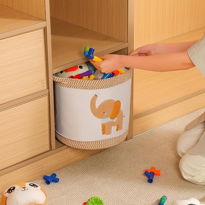 Baby Toy Basket Blanket Baskets Laundry Hamper Cute Elephant Nursery Organization Bins with Handle, Woven Cotton Rope Nursery Storage Basket For Girls Boys Kids Baby Shower Gifts Baskets