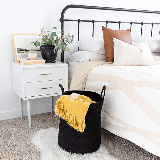 OrganiHaus Large Laundry Basket, Woven Cotton Rope Basket for Blankets, Toy Storage, Nursery Hamper, Living Room Decor Organizer, Soft & Durable Hamper with Handles, 15x18 inches - Black