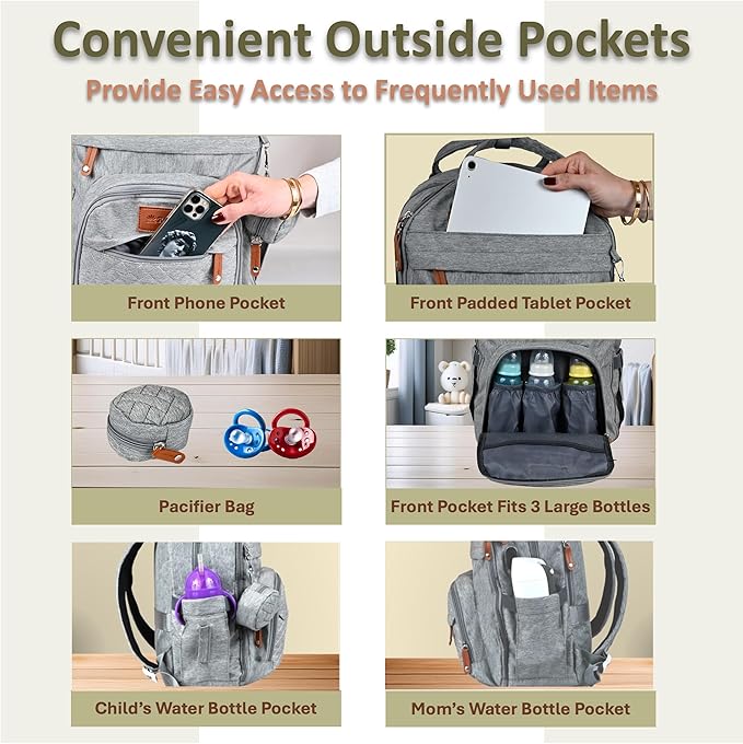 Baby Diaper Bag Backpack - Large Bag for Boys & Girls, with Changing Pad & Pacifier Case, Large Capacity with Insulated Pockets, Waterproof, with Stroller Straps, Unisex - Grey