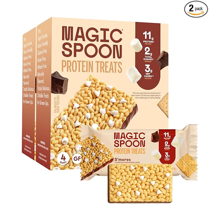 MAGIC SPOON Treats - High Protein, Low Carb, Keto Friendly, Low Sugar, Gluten Free, Crispy Protein Bar Cereal Bar, On-The-Go Healthy Snack (Smores, 8 Bars)