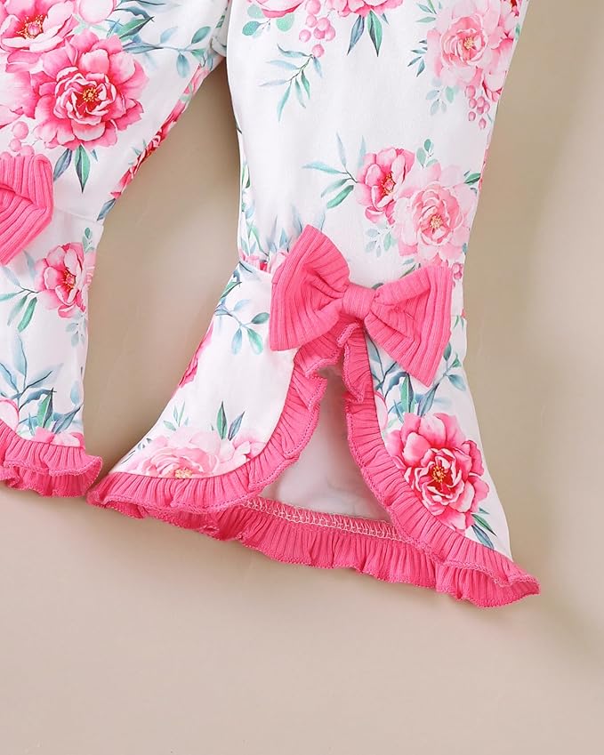 SUNNY PIGGY Newborn Baby Girl Clothes Infant Outfits Romper Floral Fall Outfit Bell Bottoms Pant Sets Hat Headband Flowerpant