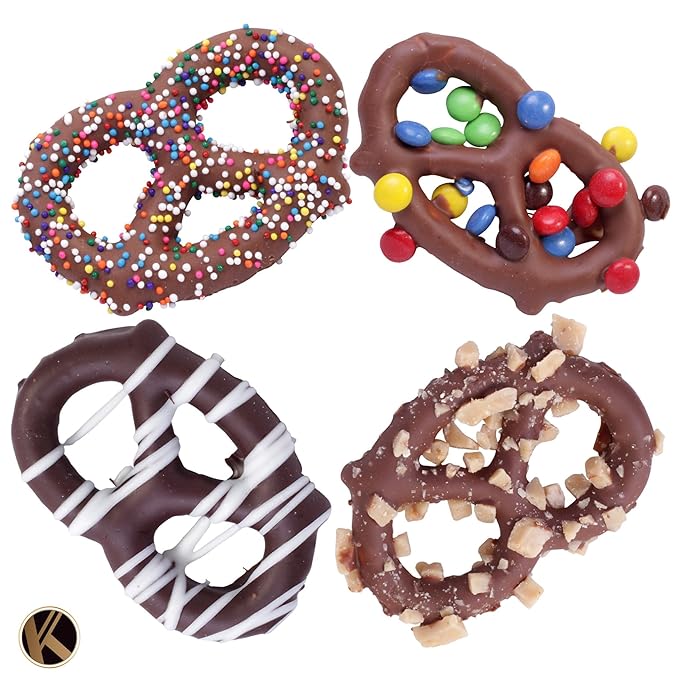 KREMERY Creamy Chocolate Cravings - Chocolate Covered Pretzel Twists Gift Basket, in Sectional Gift Box (12 Pretzels, Assorted Sweet Toppings) Food Assortments USA Made