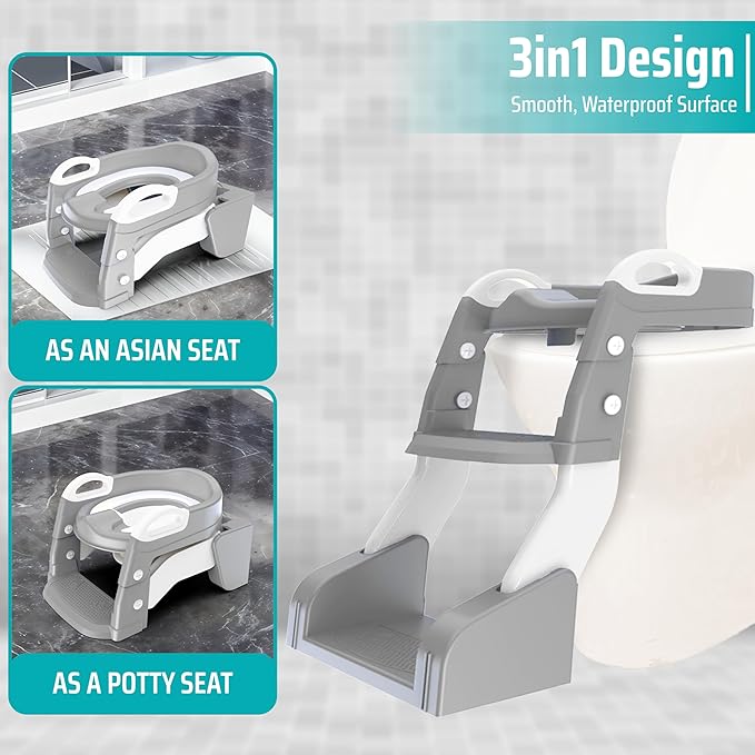3-in-1 Toddler Potty Training Toilet with Ladder, Easy Assembly, Collapsible Potty Training Seat, Anti-slip Foldable Toddler Toilet Seat with Adjustable Step Stool For Kids Boys And Girls (Grey)