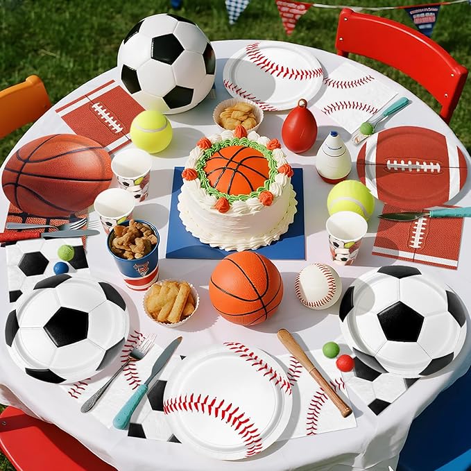 Sports Themed Birthday Party Kit for 24 - Includes Sports Banner, Tablecloth, Cups, Plates and Napkins for Boys Sports Theme Party Decorations Supplies