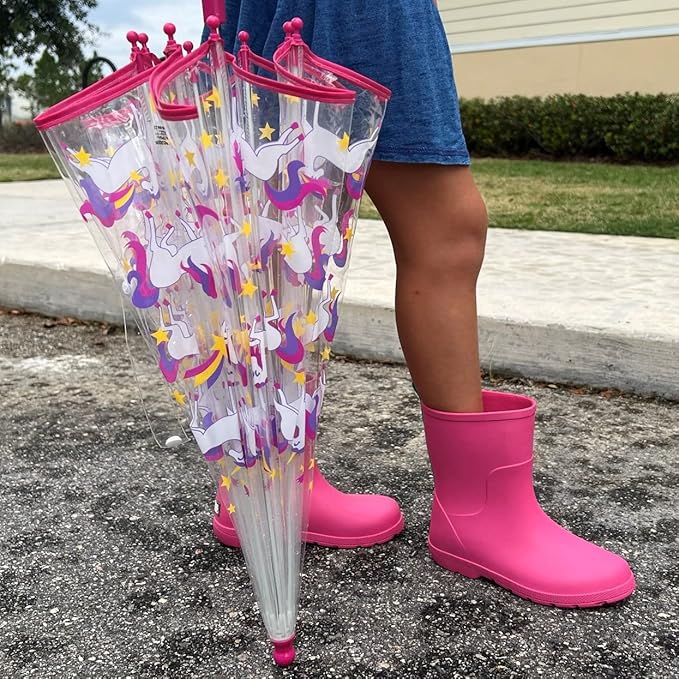 totes Kids Clear Bubble Umbrella with Dome Canopy, Lightweight Design, Wind and Rain Protection Umbrella, Pink Unicorn, Kids - 38" Canopy