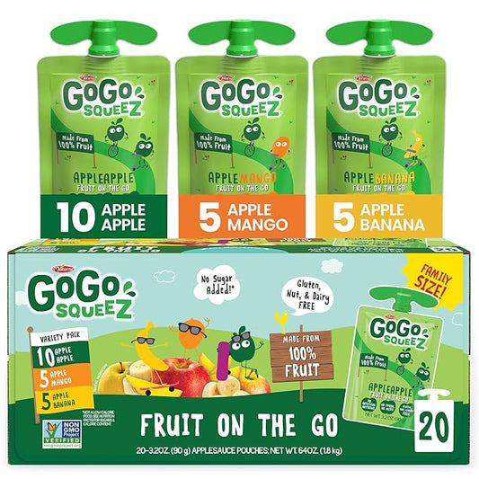 GoGo squeeZ Applesauce and Fruit Puree Variety Pack, Apple, Mango & Banana, 3.2 oz (Pack of 20), Unsweetened Fruit Snacks for Kids, Gluten Free, Nut Free and Dairy Free, BPA Free Pouches