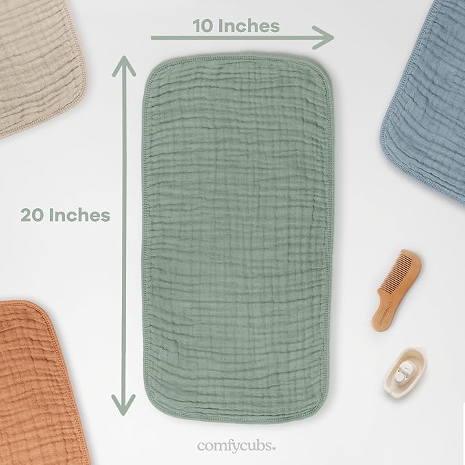 Comfy Cubs Muslin Burp Cloths 20" x 10", Pack of 10 - Large, 6-Layer, Ultra Absorbent 100% Cotton for Baby Drool and Messes - Soft, Safe & Gentle Baby Burp Cloths for Boys & Girls - Fern