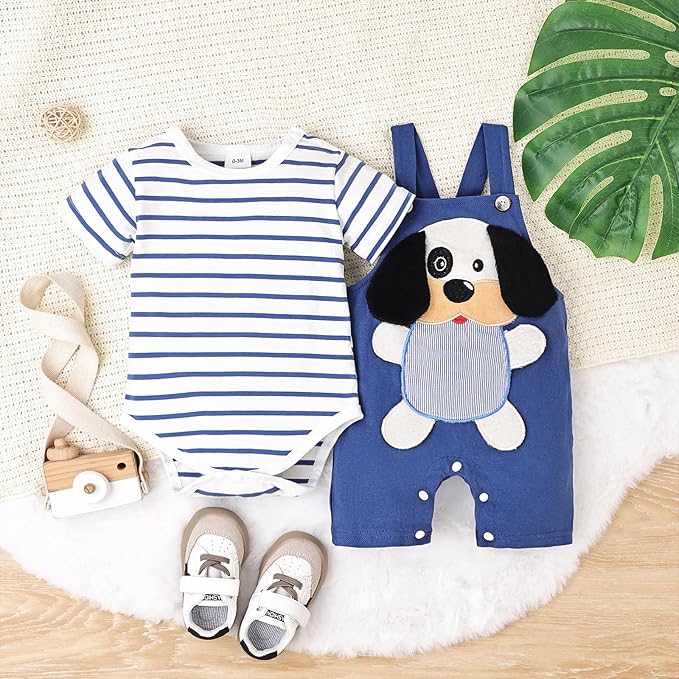 Baby Boy Clothes Newborn Outfits Stripe Romper Infant Cartoon Overall Adjustable Suspender Pants Set 0-18 Months