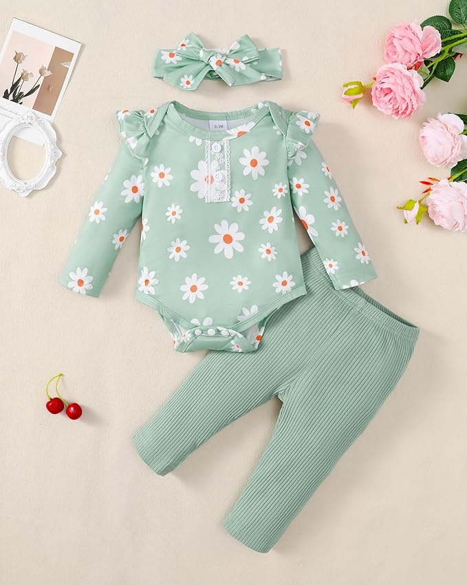 Renotemy Newborn Baby Girl Clothes Outfits Infant Romper Ruffle Floral Pants Cute Toddler Baby Girl Clothes Set