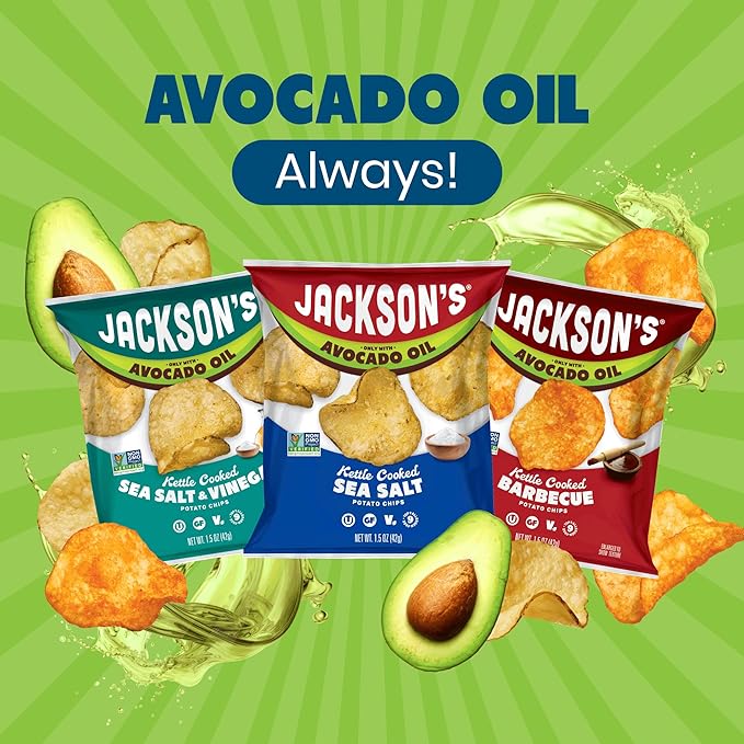 Jackson’s Classic Kettle Potato Chips (Variety Pack, 1.5 oz, Pack of 18) - Made with Premium Avacado Oil, Sea Salt, Salt & Vinegar and BBQ Flavors - Allergen-friendly, Gluten Free, Vegan