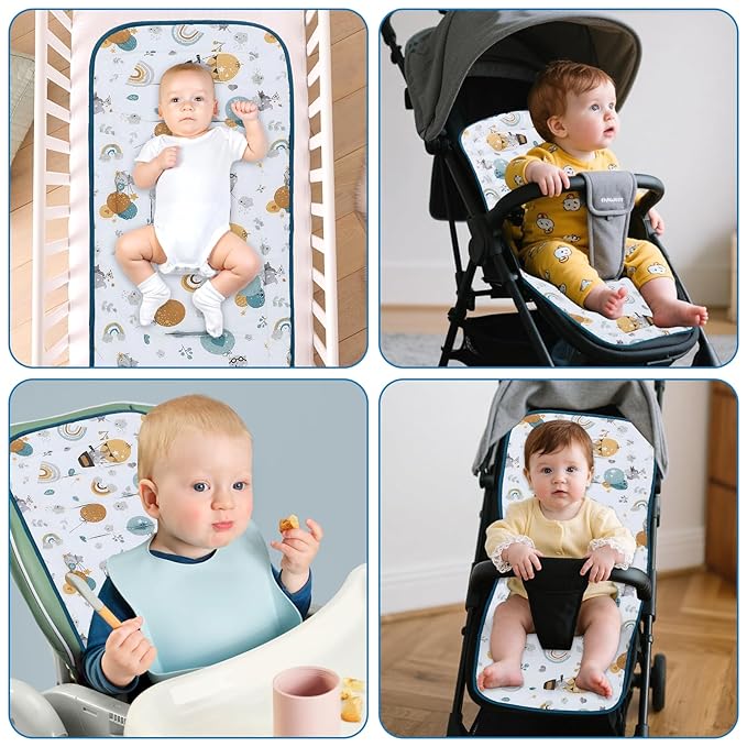 Baby Stroller Cushion,Infant Car Seat Insert-Reversible Universal Breathable and Soft Newborn Stroller Mat,100% Cotton Cover Toddler Seat Pad Liner-34x78cm,1 Pack(Rainbow Balloon+Blue)