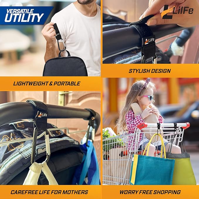 4 Pcs Baby Stroller Hooks for Hanging | Multipurpose Stroller Straps with Durable and Stylish Stroller Clips for Diaper Bags | The Perfect Mummy Hook for Stroller, Walker and Shopping (Black)