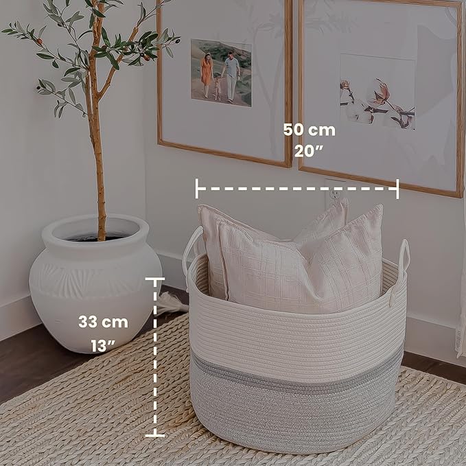 OrganiHaus Extra Large Blanket Basket for Living Room 20x13, Natural Cotton Rope Laundry Basket, Sturdy Hamper for Toy Storage, Cushions & Pillows Storage Bin, Nursery Decor Hamper - White/Gray