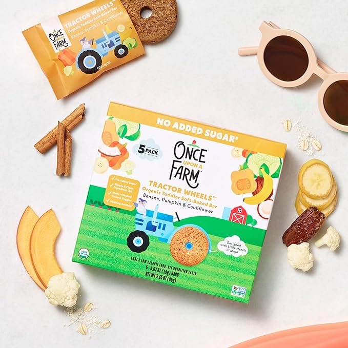 Once Upon A Farm Banana, Pumpkin & Cauliflower Soft Baked Bar Snack, for Toddler, Tractor Wheels, No Added Sugar, Non GMO, 3.35 Ounces (Pack Of 8)