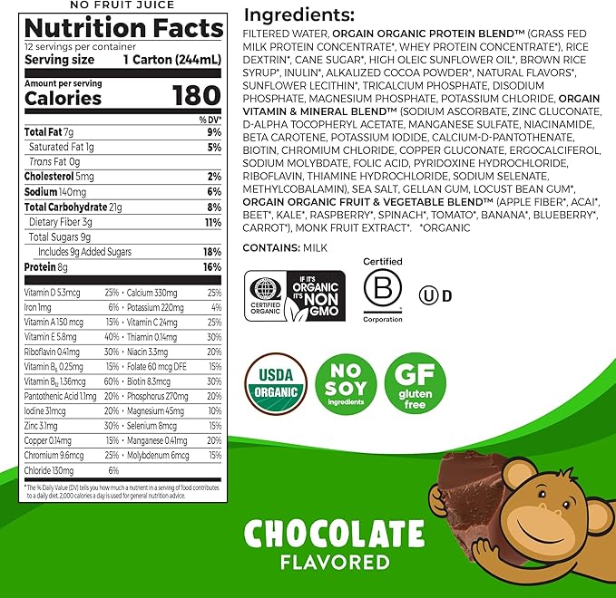 Orgain Organic Kids Protein Nutritional Shake, Chocolate - 8g of Protein, 22 Vitamins & Minerals, Fruits & Vegetables, Gluten Free, Soy Free, Non-GMO, 8.25 Fl Oz (Pack of 12)