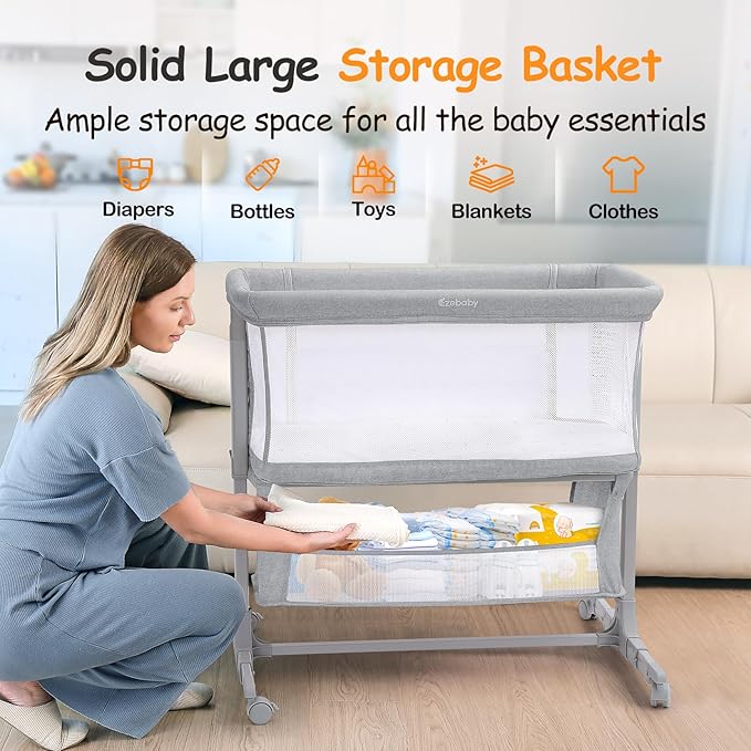 Ezebaby Bedside Bassinet for Baby, Portable Baby Bassinet Bedside Sleeper for Newborn Infants with Wheels Storage Basket, Adjustable 7 Heights and All Mesh Sides