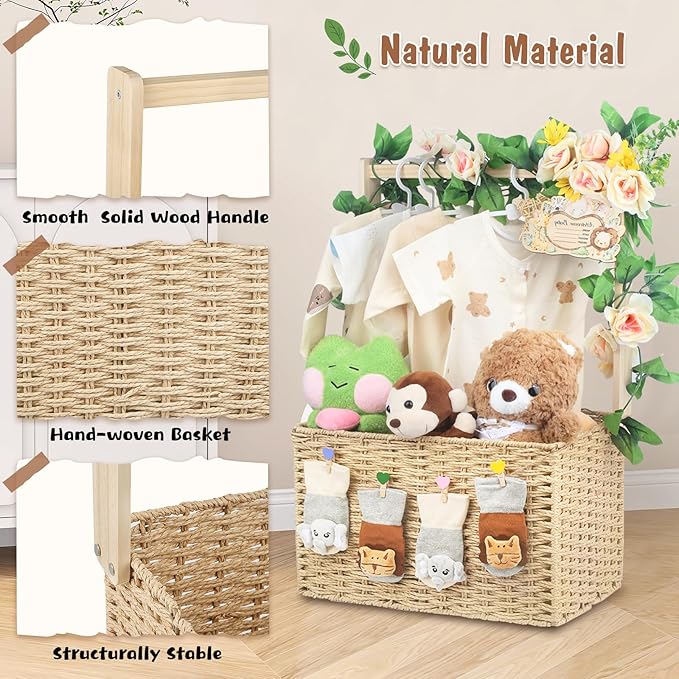 Wooden Baby Shower Crate Closet, Foldable Handwoven Storage Basket for Baby Shower Gifts, Welcome Gift Basket for Newborn Boys Girls, Pregnancy Gifts for New Parents