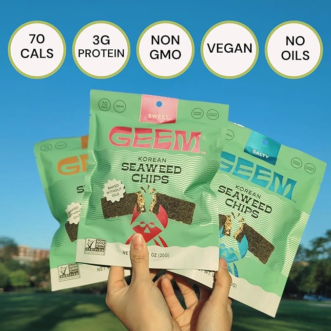 GEEM Seaweed Snacks – Korean Seaweed Chips with Rice Crisps & Sesame | Crunchy, Oil-Free Snack | Vegan, Non-GMO | Great for Kids & Adults | Salty 4-Pack