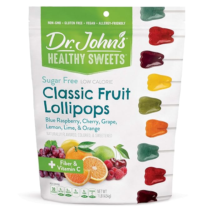 Dr. John’s Sugar Free Candy, Healthy Lollipops with Zero Sugar, Low Calorie Snacks, Keto Friendly Hard Candy Sweets, Classic Fruit Tooth, 60 Count, 1 LB