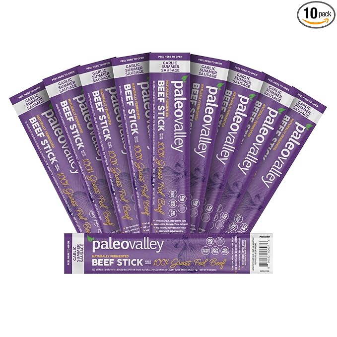 Paleovalley 100% Grass Fed Garlic Summer Sausage Beef Sticks - Delicious Gluten Free Beef Snack - High Protein Keto Friendly