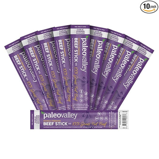 Paleovalley 100% Grass Fed Garlic Summer Sausage Beef Sticks - Delicious Gluten Free Beef Snack - High Protein Keto Friendly