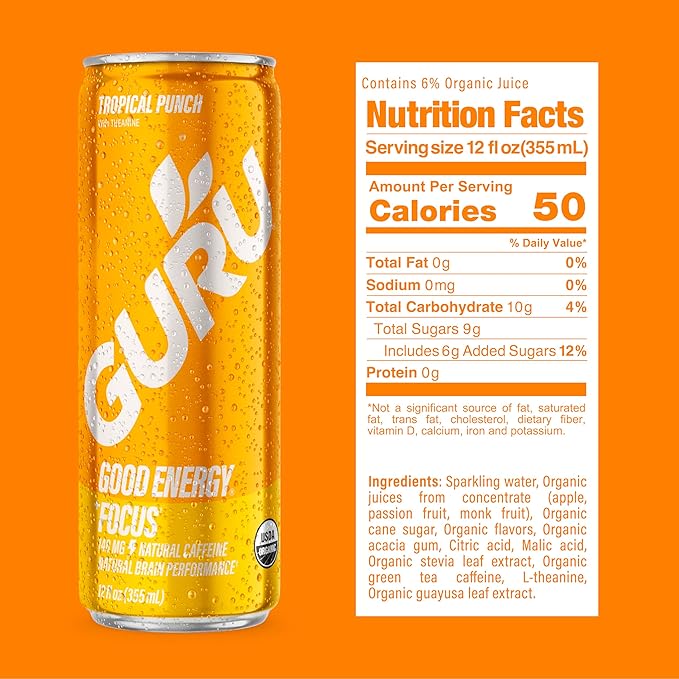 GURU Organic Energy Drinks Variety Pack, Clean Energy Drink with Plant Based Natural Caffeine from Green Tea, Gluten Free and Vegan, 140MG Caffeine, Healthy Drinks, 12 oz (Pack of 12)
