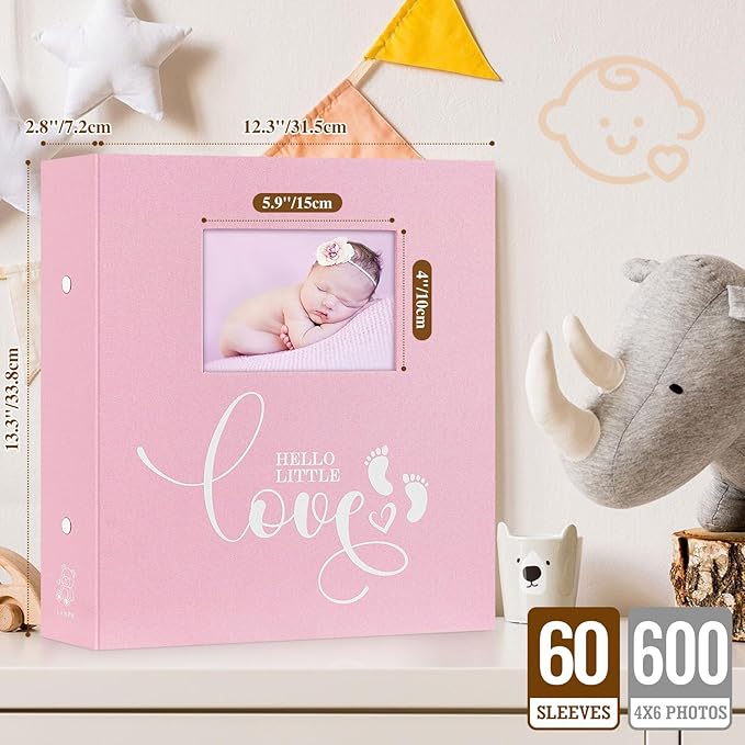 Lanpn Baby Photo Album 4x6 600 Pockets, Linen cover Newborn Bebe Memory Book Photobook Holds 600 Horizontal and Vertical Pictures, Picture Album with Front Window Gift for Boy Girl Baby Shower Pink