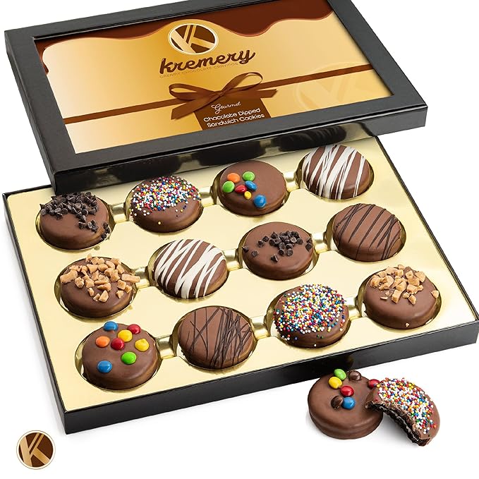 KREMERY Creamy Chocolate Cravings - Chocolate Covered Sandwich Cookies & Cream Gift Basket, in Sectional Gift Box (12 Cookies, Assorted Sweet Toppings) Food Assortments USA Made