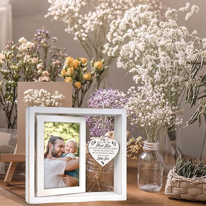 First Time Dad Gifts, Girl Dad Gifts - "You'll Be Her First Kiss" Picture Frame Nursery Decor, Gift for Daddy to be, Baby Shower, Birthday, Father's Day - Vintage Style Rotating Photo Frame 4x6