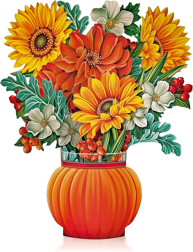 Freshcut Paper Pop Up Cards, Pumpkin Harvest, 12 Inch Life Sized Forever Flower Bouquet 3D Popup Greeting Card, Autumn Cards, Birthday Card, Blank Notecard & Envelope