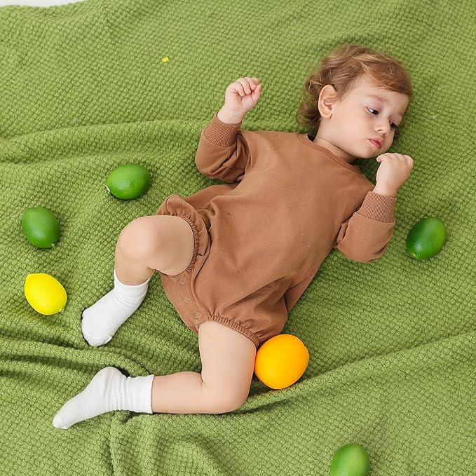 Bafeicao Baby Boy Girl Sweatshirt Romper Organic Cotton Solid Color Long Sleeve Bubble Romper Oversized Warm Fall Winter