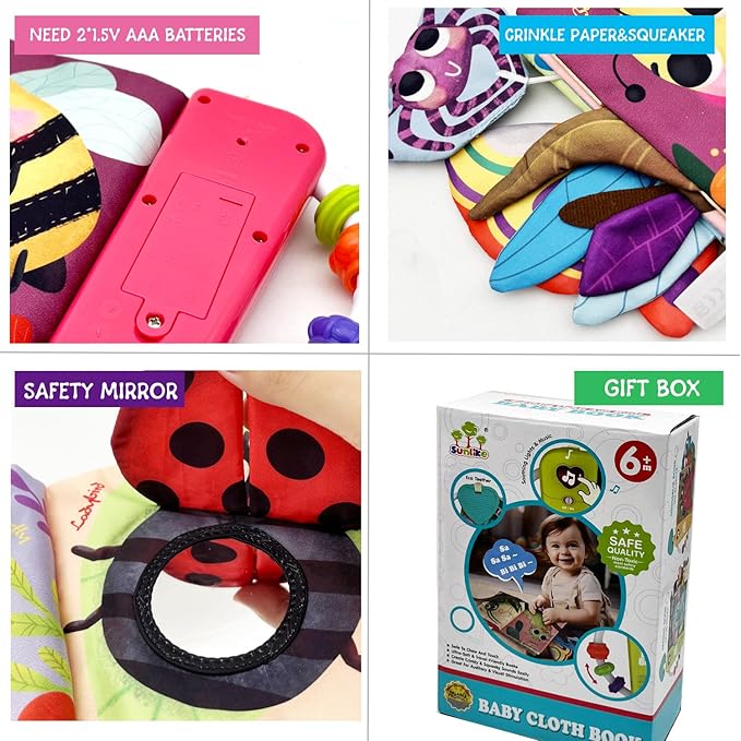 Baby Books Toys, Ocean Pals Touch and Feel Music Cloth Book for Infant Baby 6-12-18 Months, Early Learning Education Shower Easter Gifts for Boys Girls (Insect Pals)