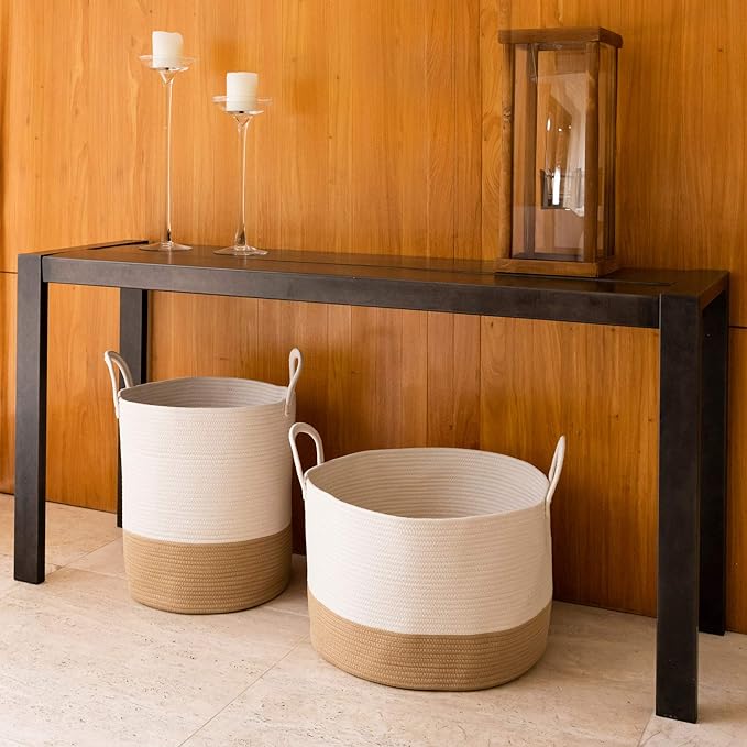 OrganiHaus Boho Woven Basket for Blankets and Laundry, Decorative Large Storage Bin for Living Room, Nursery Basket for Toys & Clothes, Soft Cotton Rope with Handles 15x18 inches - Off-White/Honey