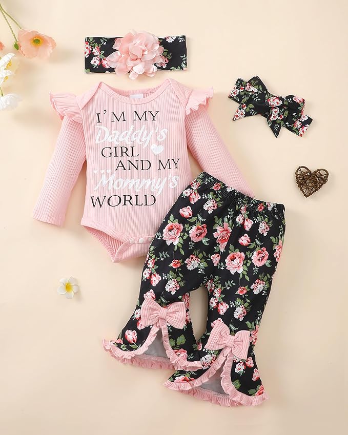SUNNY PIGGY Newborn Baby Girl Clothes Infant Outfits Romper Floral Fall Outfit Bell Bottoms Pant Sets Hat Headband Flowerpant