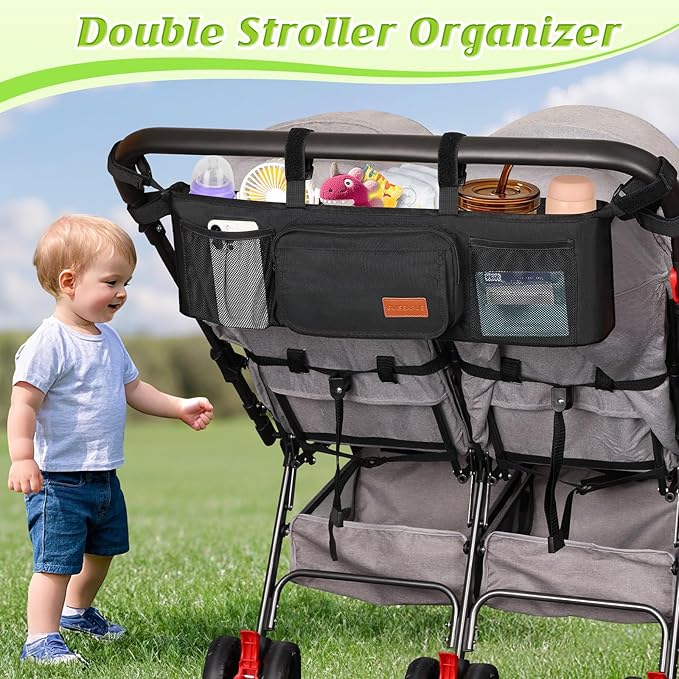 Guiseapue Double Stroller Organizer with 2 Insulated Cup Holders: Parent Console Double Jogging Stroller Accessories Fits for Baby Jogger City Mini GT2 and Jeep Double Stroller