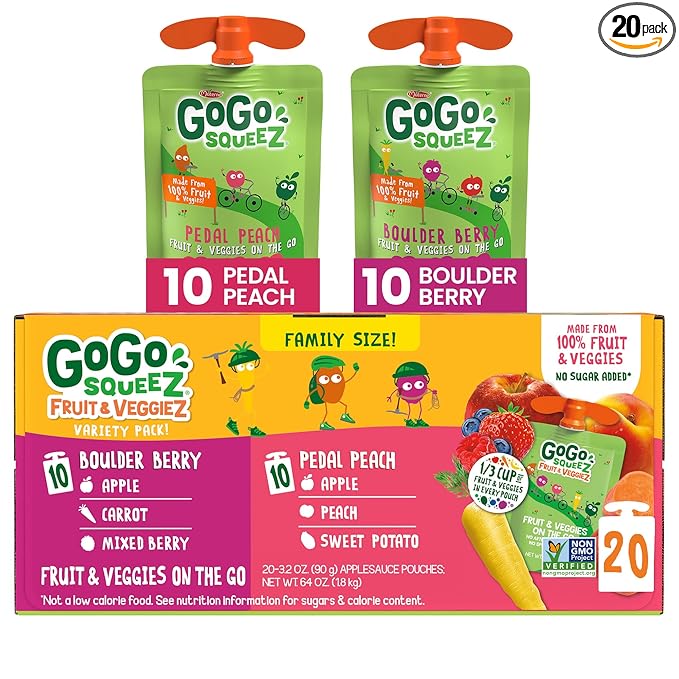 GoGo squeeZ Fruit & veggieZ Applesauce and Puree Variety Pack, Pedal Peach and Boulder Berry, 3.2 oz (Pack of 20), Unsweetened Snacks for Kids, BPA Free Pouches