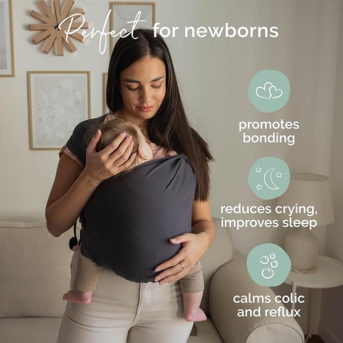 Boba Bliss Pre-Wrapped Baby Carrier with Buckle - Newborn to 7-35 lbs Light, Breathable & Easy to Adjust Hybrid Infant Sling & Toddler Carrier - Certified Hip-Healthy for 0-18 Months - Charcoal
