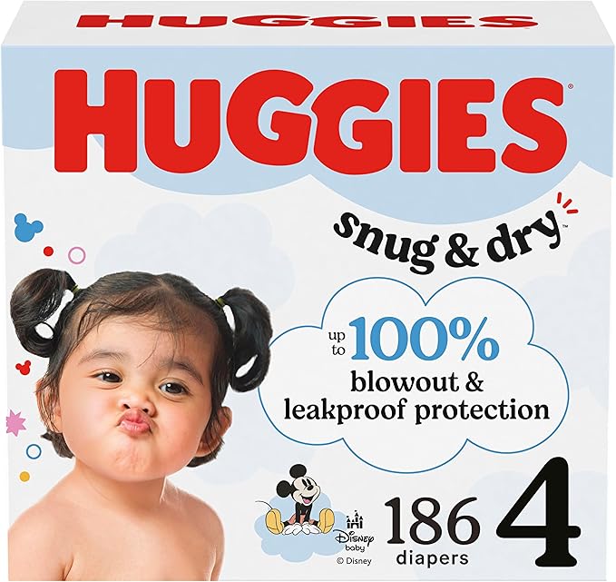 Huggies Size 4 Diapers, Snug & Dry Baby Diapers, Size 4 (22-37 lbs), 186 Count (6 Packs of 31), Packaging May Vary