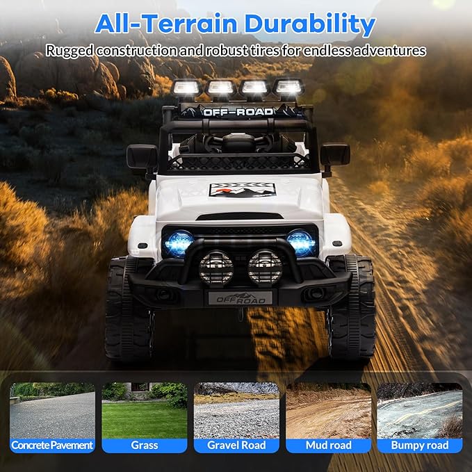 GarveeLife 12V Kids Ride On Car, Ride On Toy for Kids Ages 37-96 Months, Electric Truck with 5MPH Max Speed, Remote Control, Steering Wheel, Accelerator Pedal, Treaded Tires, Music and Story, White