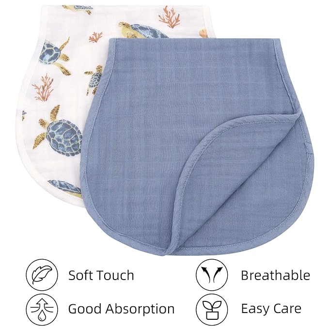 LifeTree Muslin Baby Burp Cloths - 2 Pack 70% Viscose from Bamboo and 30% Cotton Large 22'' by 10'' Absorbent Milk Spit Up Rags - Burping Cloths for Newborn, Girls Boys, Sea Turtle & Solid Blue