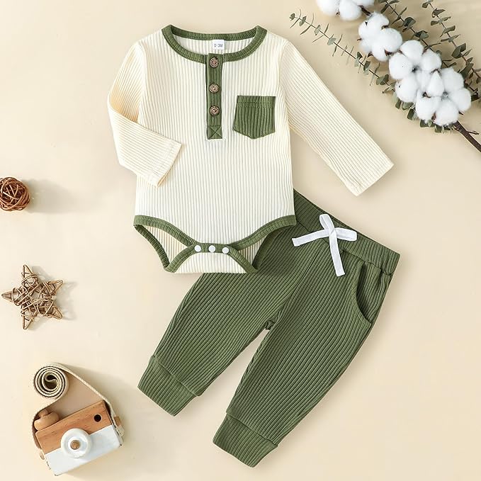 Newborn Baby Boy Girl Clothes Ribbed Knit Cotton Long Sleeve Romper Long Pant Preemie Solid Color Unisex Outfits