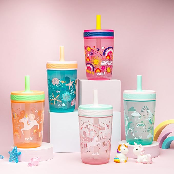 Zak Designs Kelso Toddler Cups For Travel or At Home, 15oz 2-Pack Durable Plastic Sippy Cups With Leak-Proof Design is Perfect For Kids (Fanciful Unicorn, Happy Skies)