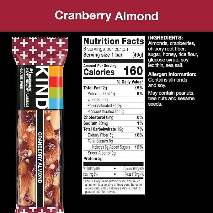 KIND Nut Bars, Cranberry Almond, Healthy Snack Bars, Gluten Free, Low Sugar, 6g Protein, 12 Count