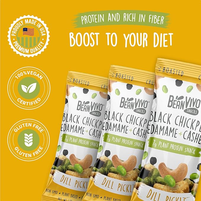 BeanVIVO Healthy Snacks for Adults & Kids with 7g Protein & 4g Fiber per Serving with Dried Edamame, Roasted Cashew and Black Chickpeas - Vegan & Gluten Free - Keto Friendly & Non-GMO - 8Pack (1.05 oz Each Pouch)
