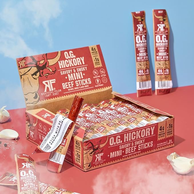 Righteous Felon Meat Sticks Minis | 100% Beef Sticks | Gluten Free Meat Sticks | Low Sugar & High Protein Beef Sticks | Healthy Snacks for Kids & Adults | Jerky Gifts for Men | OG Hickory, 24 Ct