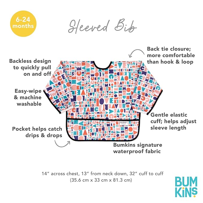 Bumkins Sleeved Bib for Girl or Boy, Baby and Toddler for 6-24 Mos, Essential Must Have for Eating, Feeding, Baby Led Weaning Supplies, Long Sleeve Mess Saving Food Catcher, Born This Way Kindness