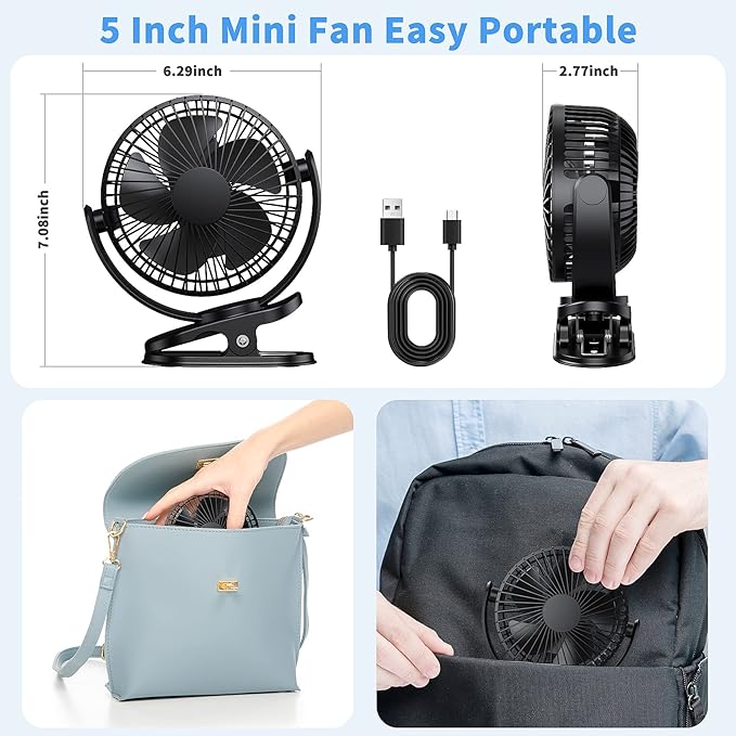 ATEngeus Rechargeable Clip-on USB Desk Fan, 3 Speeds, 5000mAh Battery, 720Rotation, Sturdy Clamp for Home, Camping, Treadmill and Car