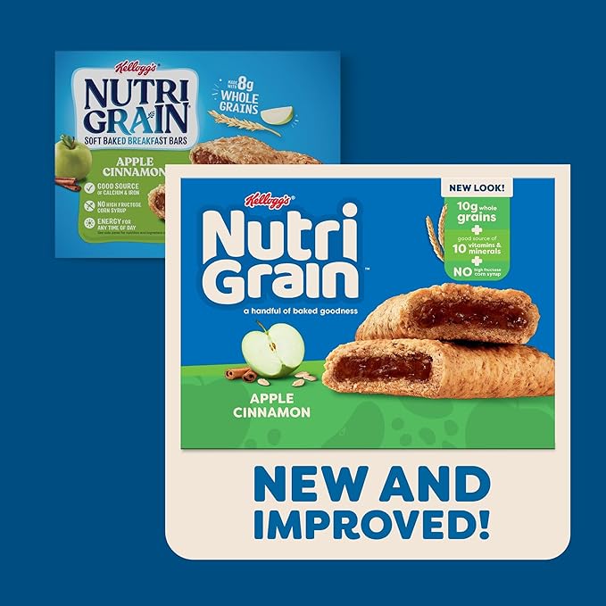 Nutri-Grain Breakfast Bars, Made with 10g Whole Grains, Snack Bars, Apple Cinnamon, 20.8oz Box (16 Bars)