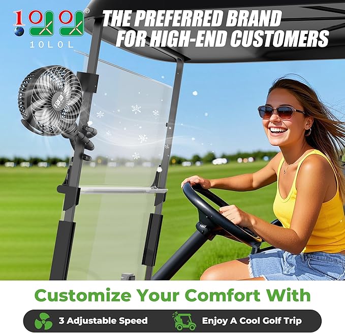 10L0L Universal Golf Cart Fan Fits Yamaha/EZGO/Club Car, Octopus Shape 360°Degree Rotational Fan, 3 Speed Adjustment, Support for Reverse Charging and Emergency Lighting-Black & Blue