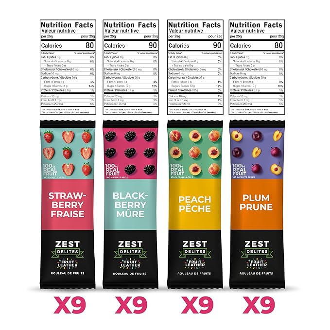Fruit Snacks by Zest Delites, Fruit Leather, Healthy Snacks for Adults & Kids, Vegan Apple-Based Strips, Dried Strawberry-Peach-Blackberry-Plum Bars, 0.88 oz x 36